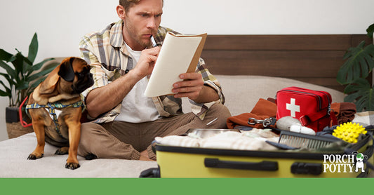 A young man sits beside his pug and goes down a checklist to make sure he's prepared for an emergency.